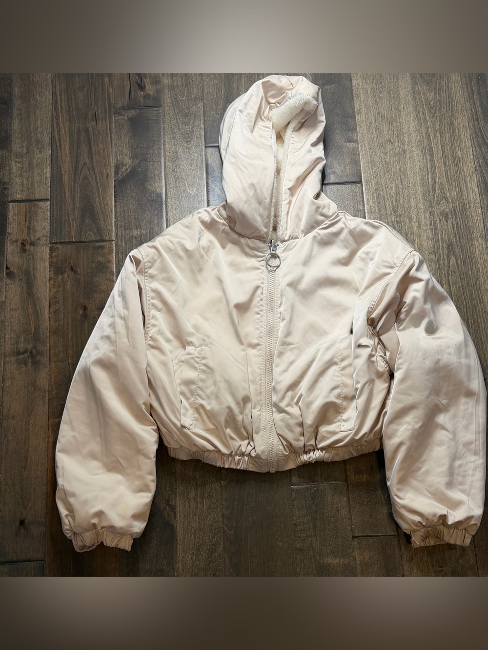 H&M Divided Reversible Teddy Fleece Hooded Jacket Cream Cropped Zip Women’s M - Picture 9 of 12